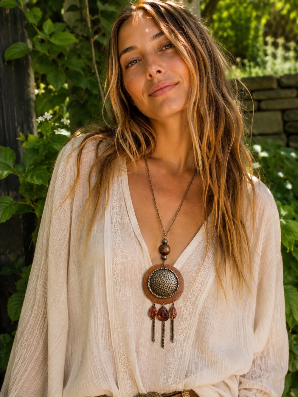 EUC Vintage BCX Boho Wood Medallion Tassel Faux Crystal Brass Pendant Necklace